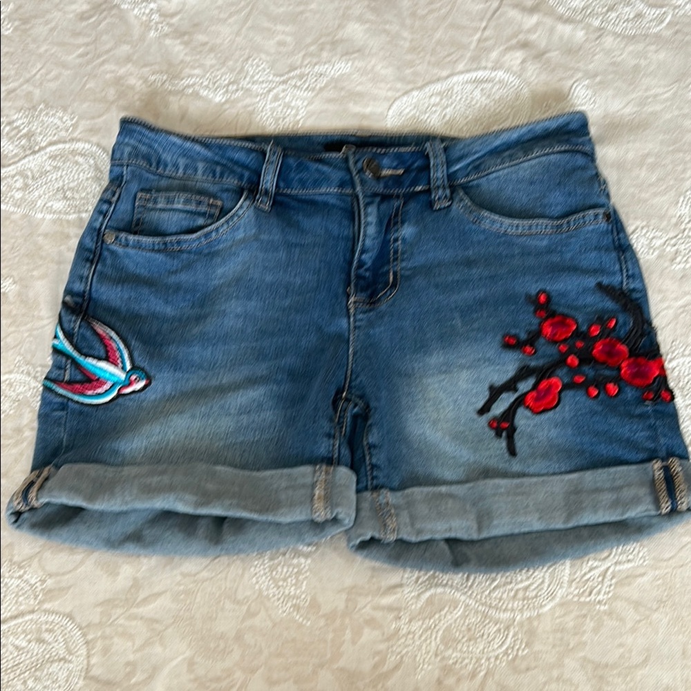 Earl Jeans Red and Blue Embroidered Jean Shorts